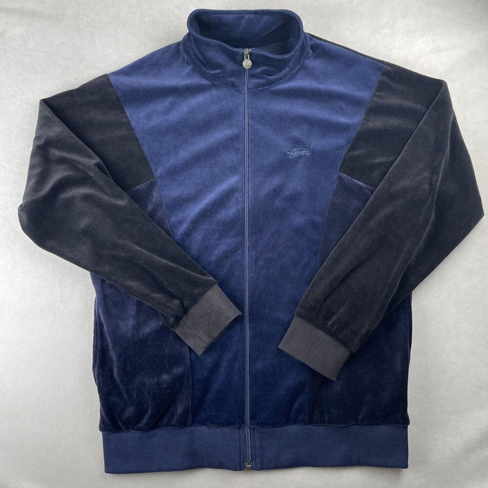 Stussy Jacket Mens M Navy Blue Black Velour Track Full Zip Y2K Retro Streetwear